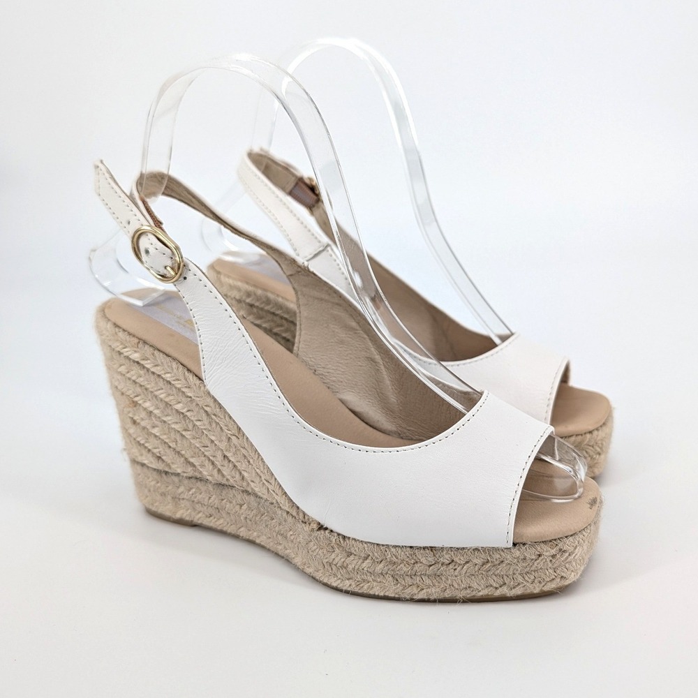 Michele Lopriore White Leather Espadrille Wedge Peep Toe Sandals Size 36